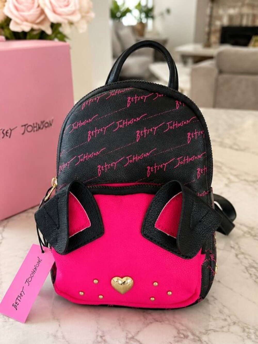 Betsey Johnson Puppy Face Mini Backpack Hot Pink Black 3D Ears NWT